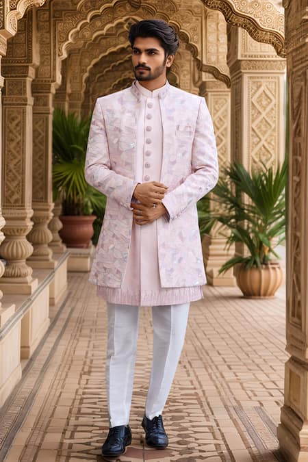 Arihant Rai Sinha Peach Abstract Embroidered Jacket Sherwani Set 