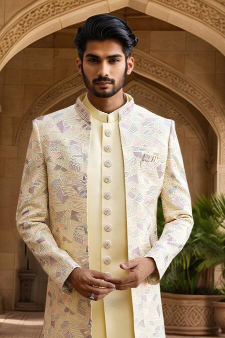 Arihant Rai Sinha_Yellow Silk, Faux Leather Cut Work, Sequins, Geometric Jacket Sherwani Set _Online_at_Aza_Fashions