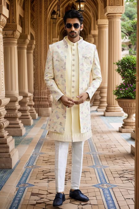 Buy_Arihant Rai Sinha_Yellow Silk, Faux Leather Cut Work, Sequins, Geometric Jacket Sherwani Set _Online_at_Aza_Fashions