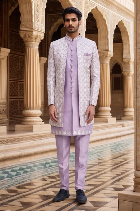 Arihant Rai Sinha_Purple Silk, Faux Leather, Denim Zari Embroidered Jacket Sherwani Set _Online_at_Aza_Fashions