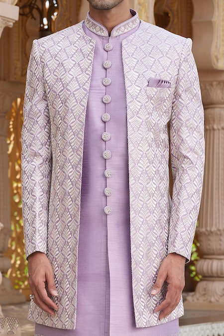 Buy_Arihant Rai Sinha_Purple Silk, Faux Leather, Denim Zari Embroidered Jacket Sherwani Set _Online_at_Aza_Fashions