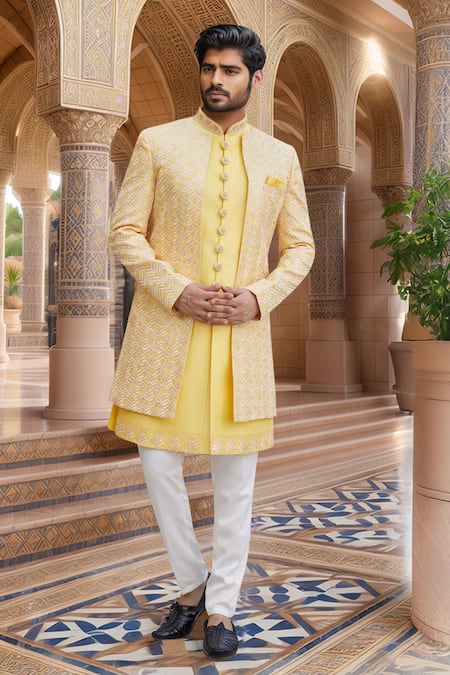 Aryavir Malhotra Chevron Embroidered Jacket Sherwani Set 