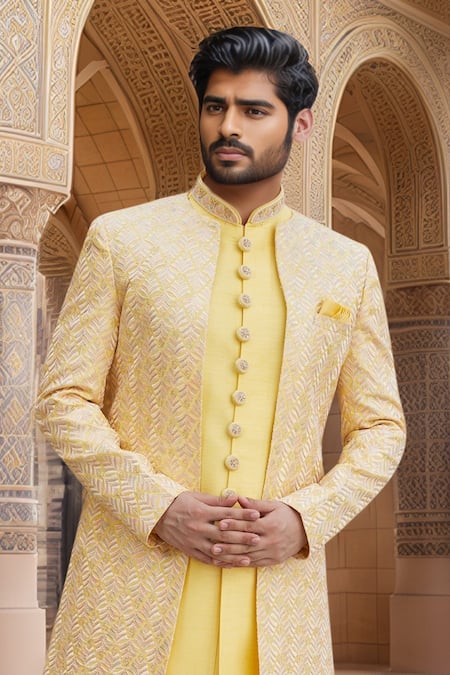 Arihant Rai Sinha_Yellow Silk, Faux Leather, Cotton Zari Chevron Embroidered Jacket Sherwani Set _Online_at_Aza_Fashions