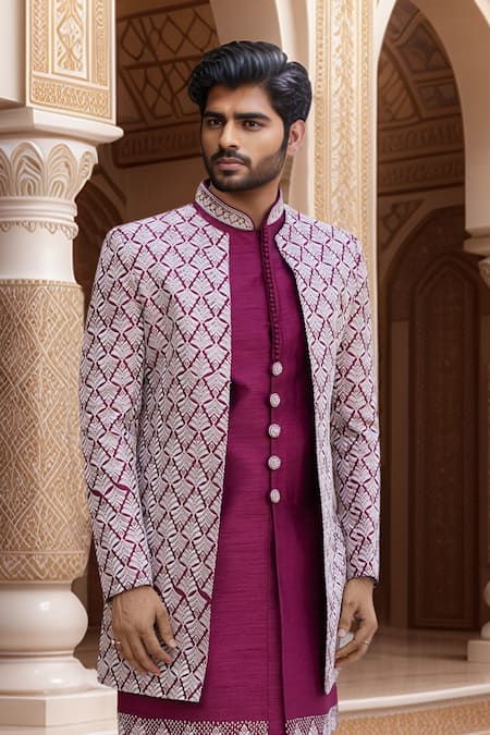 Arihant Rai Sinha_Purple Silk Zari Thread Embroidered Jacket Sherwani Set _Online_at_Aza_Fashions