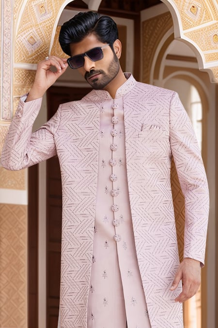 Arihant Rai Sinha_Pink Silk Embroidery, Sequins Zigzag Layered Sherwani Set _Online_at_Aza_Fashions