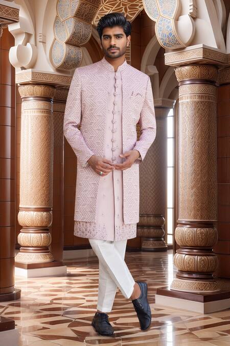 Buy_Arihant Rai Sinha_Pink Silk Embroidery, Sequins Zigzag Layered Sherwani Set _Online_at_Aza_Fashions
