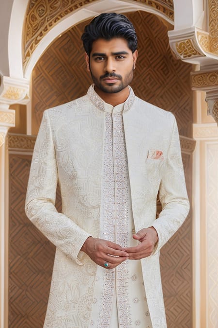 Arihant Rai Sinha_Cream Silk, Faux Leather Cut Work, Sequins, Beads Dori Embroidered Sherwani Set _Online_at_Aza_Fashions