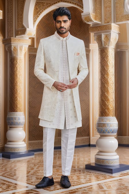 Arihant Rai Sinha Cream Silk, Faux Leather Cut Work, Sequins, Beads Dori Embroidered Sherwani Set 