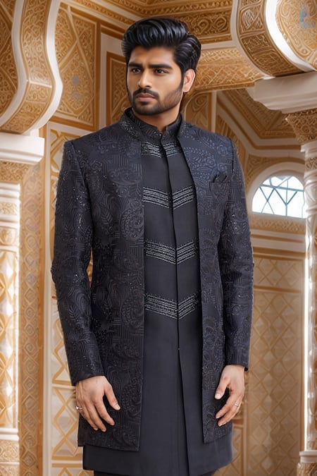 Arihant Rai Sinha Black Silk, Faux Leather Cut Work, Sequins, Floral Embroidered Sherwani Set Online at Aza Fashions Arihant Rai Sinha_Black Silk, Faux Leather Cut Work, Sequins, Floral Embroidered Sherwani Set _Online_at_Aza_Fashions