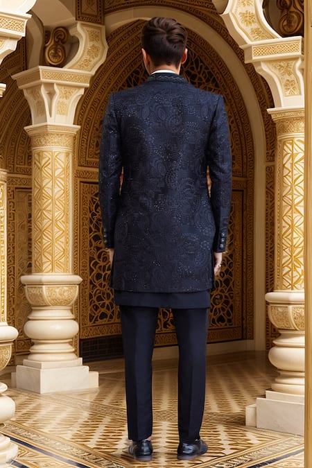 Shop Arihant Rai Sinha Black Silk, Faux Leather Cut Work, Sequins, Floral Embroidered Sherwani Set at Aza Fashions Shop_Arihant Rai Sinha_Black Silk, Faux Leather Cut Work, Sequins, Floral Embroidered Sherwani Set _at_Aza_Fashions