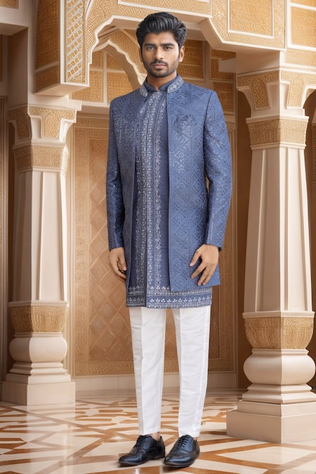 Aryavir Malhotra Geometric Pattern Jacket Sherwani Set 