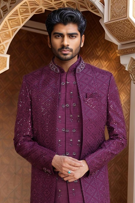 Arihant Rai Sinha Wine Silk Cut Work, Sequins, Beads Embroidered Jacket Sherwani Set Online at Aza Fashions Arihant Rai Sinha_Wine Silk Cut Work, Sequins, Beads Embroidered Jacket Sherwani Set _Online_at_Aza_Fashions