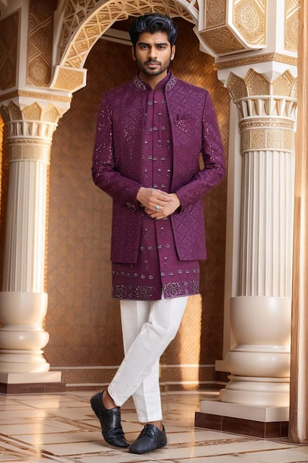 Aryavir Malhotra Sequin Embroidered Jacket Sherwani Set 