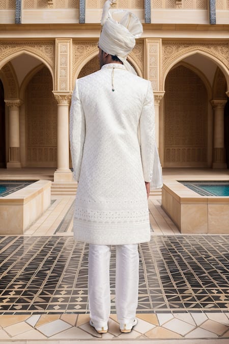 Shop Arihant Rai Sinha Cream Silk Embroidery Scallop Bloom Sherwani Set at Aza Fashions Shop_Arihant Rai Sinha_Cream Silk Embroidery Scallop Bloom Sherwani Set _at_Aza_Fashions