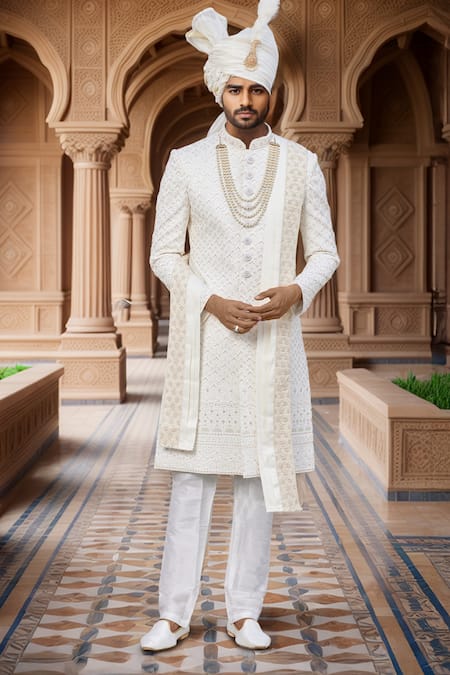 Buy Arihant Rai Sinha Cream Silk Embroidery Scallop Bloom Sherwani Set Online at Aza Fashions Buy_Arihant Rai Sinha_Cream Silk Embroidery Scallop Bloom Sherwani Set _Online_at_Aza_Fashions