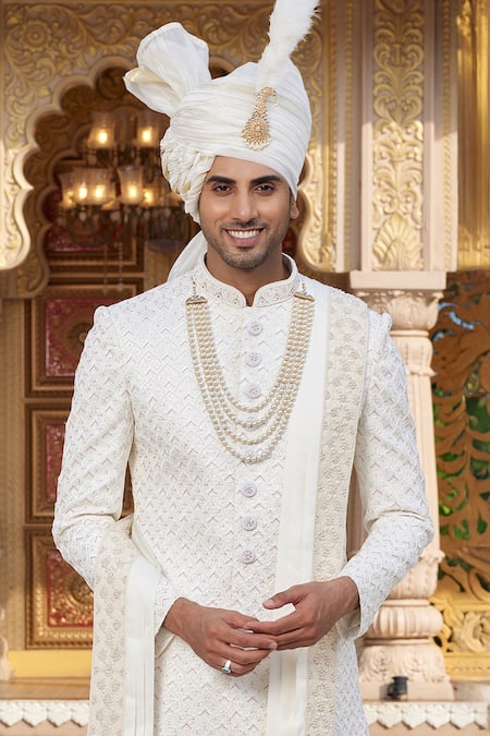 Arihant Rai Sinha Cream Chanderi Silk, Silk, Faux Leather Scallop Bloom Sherwani And Churidar Online at Aza Fashions Arihant Rai Sinha_Cream Chanderi Silk, Silk, Faux Leather Scallop Bloom Sherwani And Churidar _Online_at_Aza_Fashions