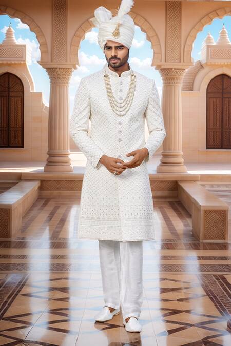 Buy Arihant Rai Sinha Cream Chanderi Silk, Silk, Faux Leather Scallop Bloom Sherwani And Churidar Online at Aza Fashions Buy_Arihant Rai Sinha_Cream Chanderi Silk, Silk, Faux Leather Scallop Bloom Sherwani And Churidar _Online_at_Aza_Fashions