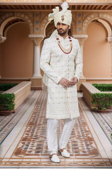 Arihant Rai Sinha Cream Chiffon, Silk Sequins, Embroidery Mughal Bloom Sherwani Set Online at Aza Fashions Arihant Rai Sinha_Cream Chiffon, Silk Sequins, Embroidery Mughal Bloom Sherwani Set _Online_at_Aza_Fashions