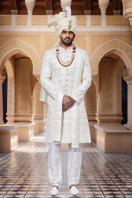 Buy Arihant Rai Sinha Cream Chanderi, Silk Sequins, Embroidery Sherwani With Churidar Online at Aza Fashions Buy_Arihant Rai Sinha_Cream Chanderi, Silk Sequins, Embroidery Sherwani With Churidar _Online_at_Aza_Fashions
