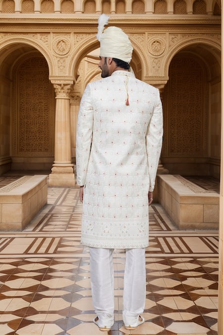 Shop Arihant Rai Sinha Cream Chanderi, Silk Sequins, Embroidery Sherwani With Churidar at Aza Fashions Shop_Arihant Rai Sinha_Cream Chanderi, Silk Sequins, Embroidery Sherwani With Churidar _at_Aza_Fashions