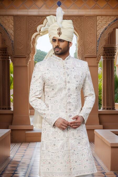 Arihant Rai Sinha Cream Chanderi, Silk Embroidery, Stones Bahar Sherwani And Churidar Online at Aza Fashions Arihant Rai Sinha_Cream Chanderi, Silk Embroidery, Stones Bahar Sherwani And Churidar_Online_at_Aza_Fashions