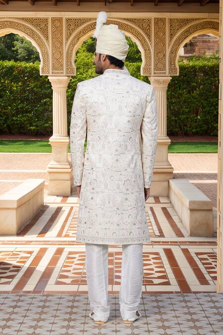 Shop Arihant Rai Sinha Cream Chanderi, Silk Embroidery, Stones Bahar Sherwani And Churidar at Aza Fashions Shop_Arihant Rai Sinha_Cream Chanderi, Silk Embroidery, Stones Bahar Sherwani And Churidar_at_Aza_Fashions