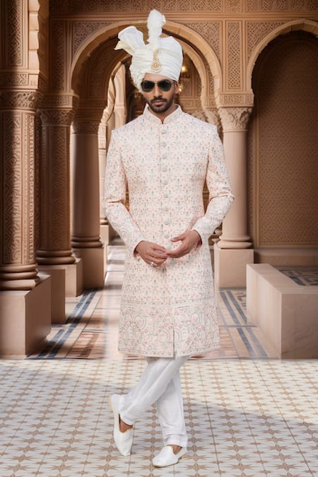 Arihant Rai Sinha_White Chiffon, Silk, Satin Stones Bud Bloom Embroidered Sherwani Set _Online_at_Aza_Fashions