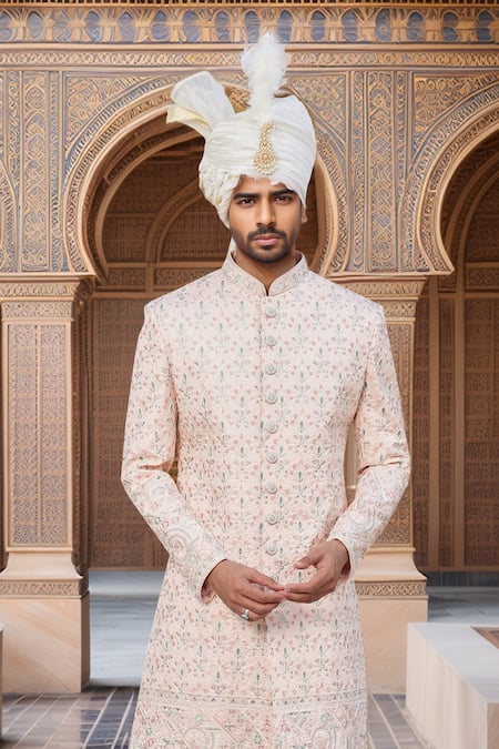 Buy_Arihant Rai Sinha_White Chiffon, Silk, Satin Stones Bud Bloom Embroidered Sherwani Set _Online_at_Aza_Fashions