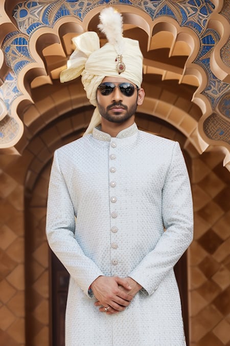 Arihant Rai Sinha_White Chanderi, Silk Sequins Ditsy Prism Embroidered Sherwani And Churidar _Online_at_Aza_Fashions