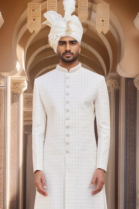 Arihant Rai Sinha Cream Chanderi, Silk Embroidery, Sequins Ditsy Bloom Sherwani Set Online at Aza Fashions Arihant Rai Sinha_Cream Chanderi, Silk Embroidery, Sequins Ditsy Bloom Sherwani Set _Online_at_Aza_Fashions
