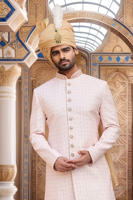 Arihant Rai Sinha_Peach Chanderi, Silk Embroidery, Sequins Ditsy Blossom Sherwani And Churidar _Online_at_Aza_Fashions