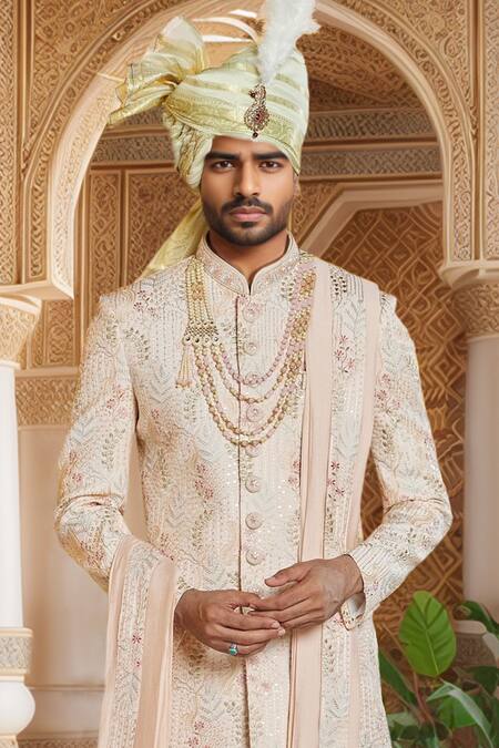 Arihant Rai Sinha_Peach Chanderi , Embroidery, Sequins Bloom Vine Sherwani Set _Online_at_Aza_Fashions
