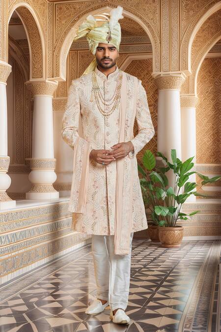 Buy_Arihant Rai Sinha_Peach Chanderi , Embroidery, Sequins Bloom Vine Sherwani Set _Online_at_Aza_Fashions
