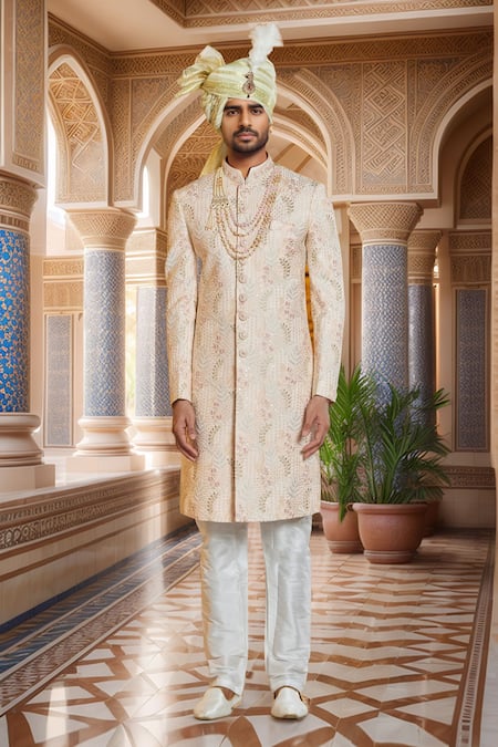 Aryavir Malhotra Peach Bloom Vine Embroidered Sherwani Set 