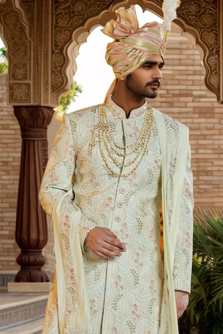 Arihant Rai Sinha_Green Chanderi, Silk Sequins Blossom Vine Embroidered Sherwani Set _Online_at_Aza_Fashions