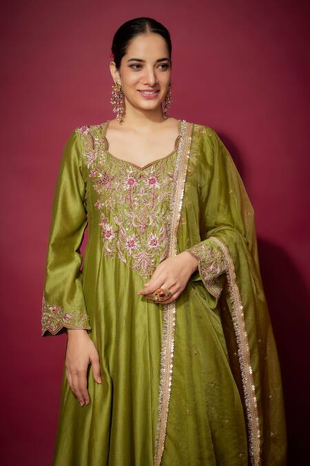 Buy The Aarya Green Organza, Handloom Cotton Beads, Sequins Floral Zardozi Semi Anarkali Set Online at Aza Fashions Buy_The Aarya_Green Organza, Handloom Cotton Beads, Sequins Floral Zardozi Semi Anarkali Set _Online_at_Aza_Fashions