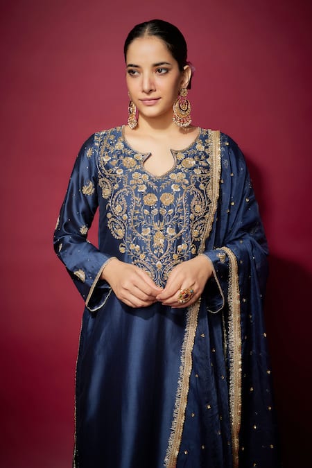 The Aarya_Blue Organza, Handloom Cotton, Silk Zari, Sequins Paisley Embroidered Kurta Set _Online_at_Aza_Fashions