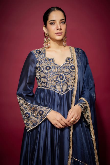 The Aarya_Blue Organza, Handloom Cotton, Chanderi Pearls, Floral Hand Anarkali Set _Online_at_Aza_Fashions