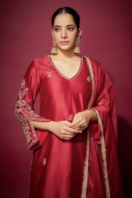 Buy The Aarya Red Organza, Handloom Cotton Sequins, Floral Embroidered Kurta Palazzo Set Online at Aza Fashions Buy_The Aarya_Red Organza, Handloom Cotton Sequins, Floral Embroidered Kurta Palazzo Set _Online_at_Aza_Fashions