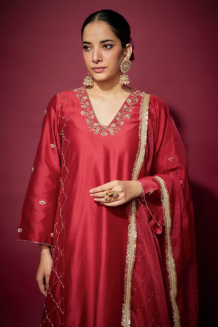 Buy The Aarya Red Organza, Handloom Cotton Sequins, Zari, Floral Kurta Palazzo Set Online at Aza Fashions Buy_The Aarya_Red Organza, Handloom Cotton Sequins, Zari, Floral Kurta Palazzo Set _Online_at_Aza_Fashions