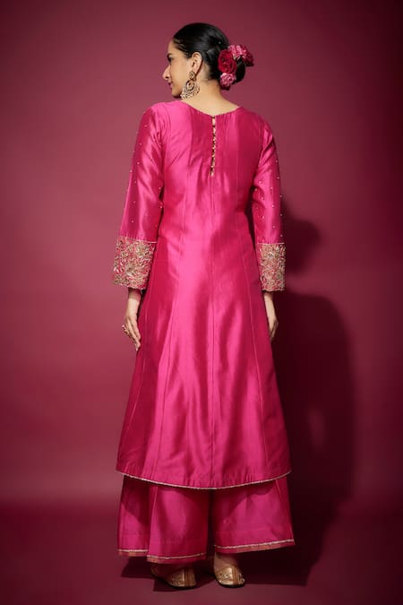 Shop_The Aarya_Pink Organza, Handloom Cotton Embroidery V-neck Floral Zardozi Kurta Palazzo Set _at_Aza_Fashions