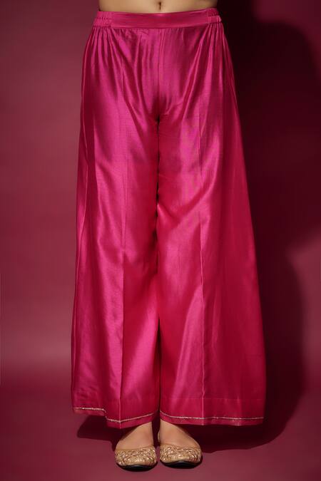 The Aarya_Pink Organza, Handloom Cotton Embroidery V-neck Floral Zardozi Kurta Palazzo Set _Online_at_Aza_Fashions