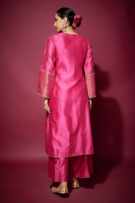 Shop The Aarya Pink Organza, Chanderi, Handloom Cotton Floral Zardozi Kurta Palazzo Set at Aza Fashions Shop_The Aarya_Pink Organza, Chanderi, Handloom Cotton Floral Zardozi Kurta Palazzo Set _at_Aza_Fashions
