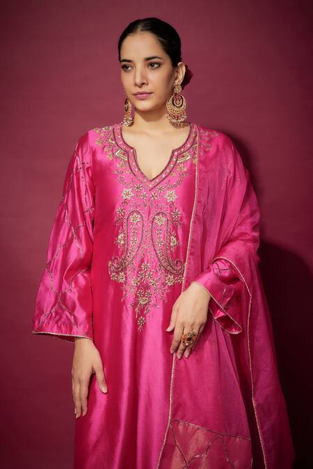 The Aarya_Pink Organza, Handloom Cotton Zari, Embroidery Floral Zardozi Kurta Palazzo Set _Online_at_Aza_Fashions