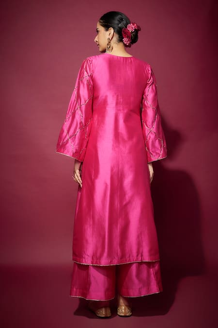 Shop_The Aarya_Pink Organza, Handloom Cotton Zari, Embroidery Floral Zardozi Kurta Palazzo Set _at_Aza_Fashions