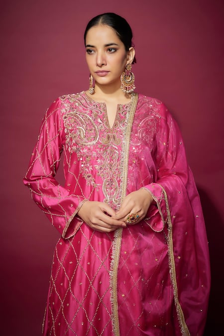 The Aarya Pink Organza, Handloom Cotton Zari, Embroidery Split Hand Kurta Palazzo Set Online at Aza Fashions The Aarya_Pink Organza, Handloom Cotton Zari, Embroidery Split Hand Kurta Palazzo Set _Online_at_Aza_Fashions