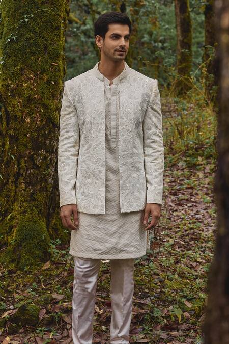 Varun Chakkilam_White Twill, Cotton, Lycra Embroidery Blossom Jacket And Pant Set _Online_at_Aza_Fashions