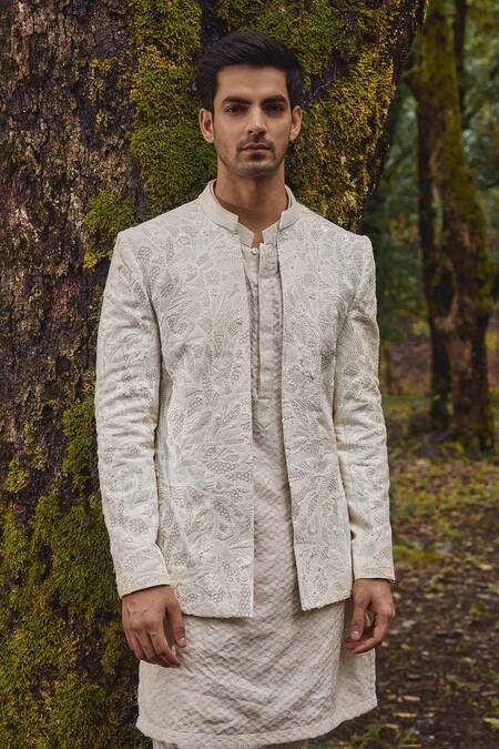 Buy_Varun Chakkilam_White Twill, Cotton, Lycra Embroidery Blossom Jacket And Pant Set _Online_at_Aza_Fashions
