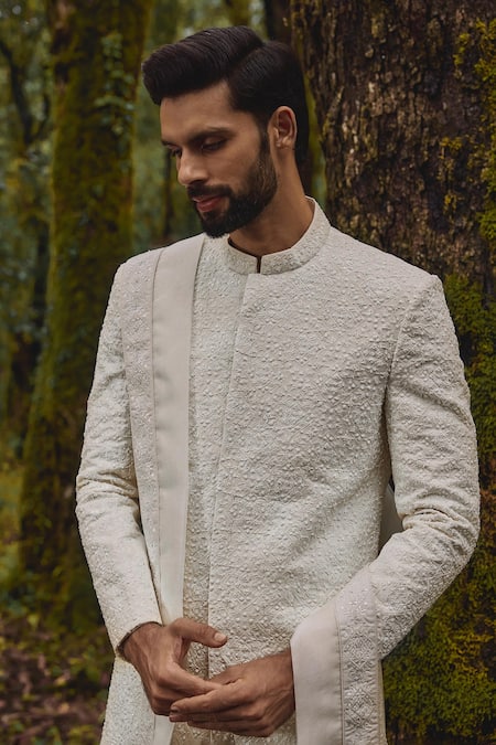 Varun Chakkilam White Twill, Silk, Lycra, Organza Embroidery Mosaic Bloom Sherwani Set Online at Aza Fashions Varun Chakkilam_White Twill, Silk, Lycra, Organza Embroidery Mosaic Bloom Sherwani Set _Online_at_Aza_Fashions