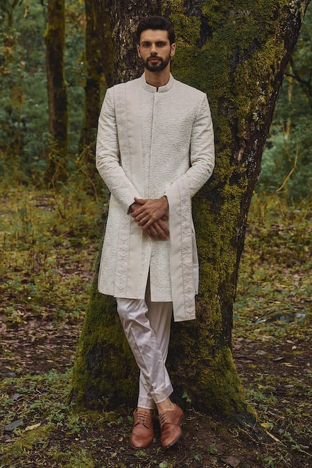 Shop Varun Chakkilam White Twill, Silk, Lycra, Organza Embroidery Mosaic Bloom Sherwani Set at Aza Fashions Shop_Varun Chakkilam_White Twill, Silk, Lycra, Organza Embroidery Mosaic Bloom Sherwani Set _at_Aza_Fashions